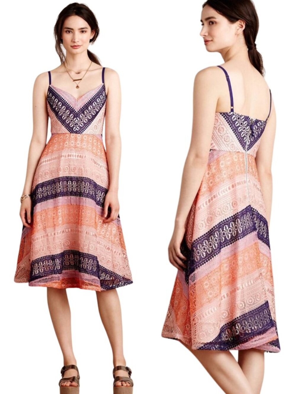 Anthropologie Maeve Lace Print Slip Dress Size 00 Boho Fit & Flare Midi Dress